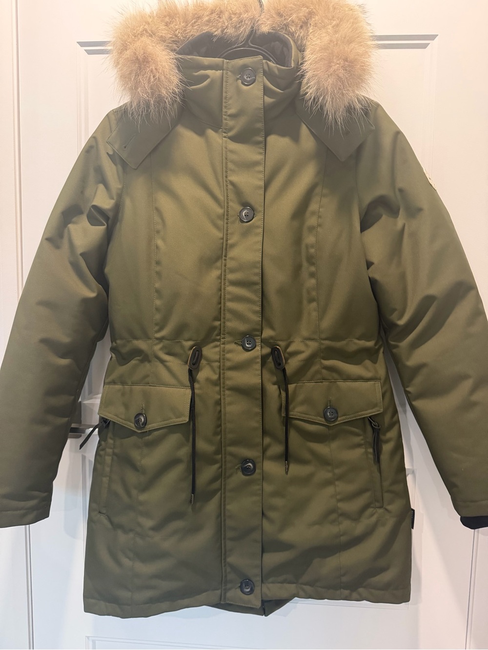 Olive Green Hooded Puffer Coat with Faux Fur Trim